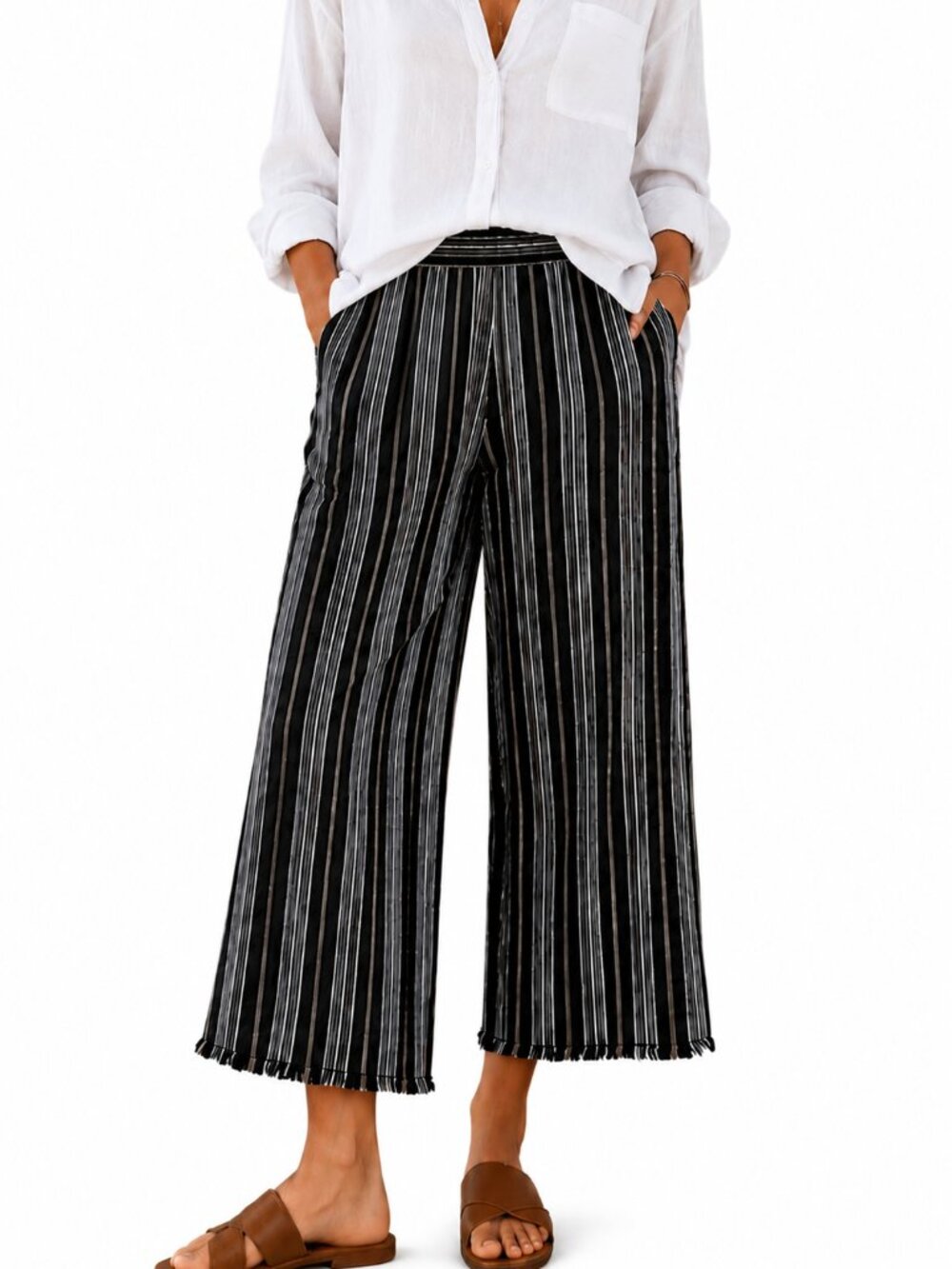 Alfred Dunner Striped Linen Blend Wide Leg Pants Black White Tan Size 18 Fringe